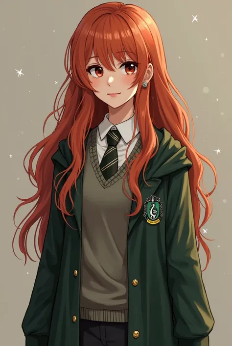 create a girl character for my oc from Harry Potter. She is so pretty, she has a long gorgeous red hair and her eyes is brown. she is tall and has a perfect body, she is wearing hogwart uniform and she is from slytherin but she is kind but she is so mature...