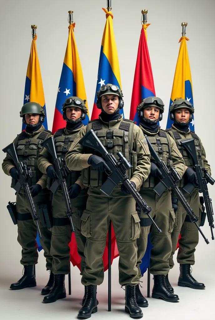 Several snipers posing for the camera carrying the flags of El Salvador and Venezuela. 