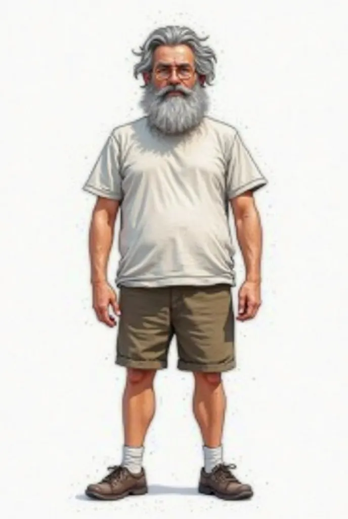 Manga style drawing of a middle-aged man, with unkempt hair with a gray mane and an unkempt gray beard, a little long. Full body with arms in T, separated from the body and legs open. Dressed casually but with a free style.