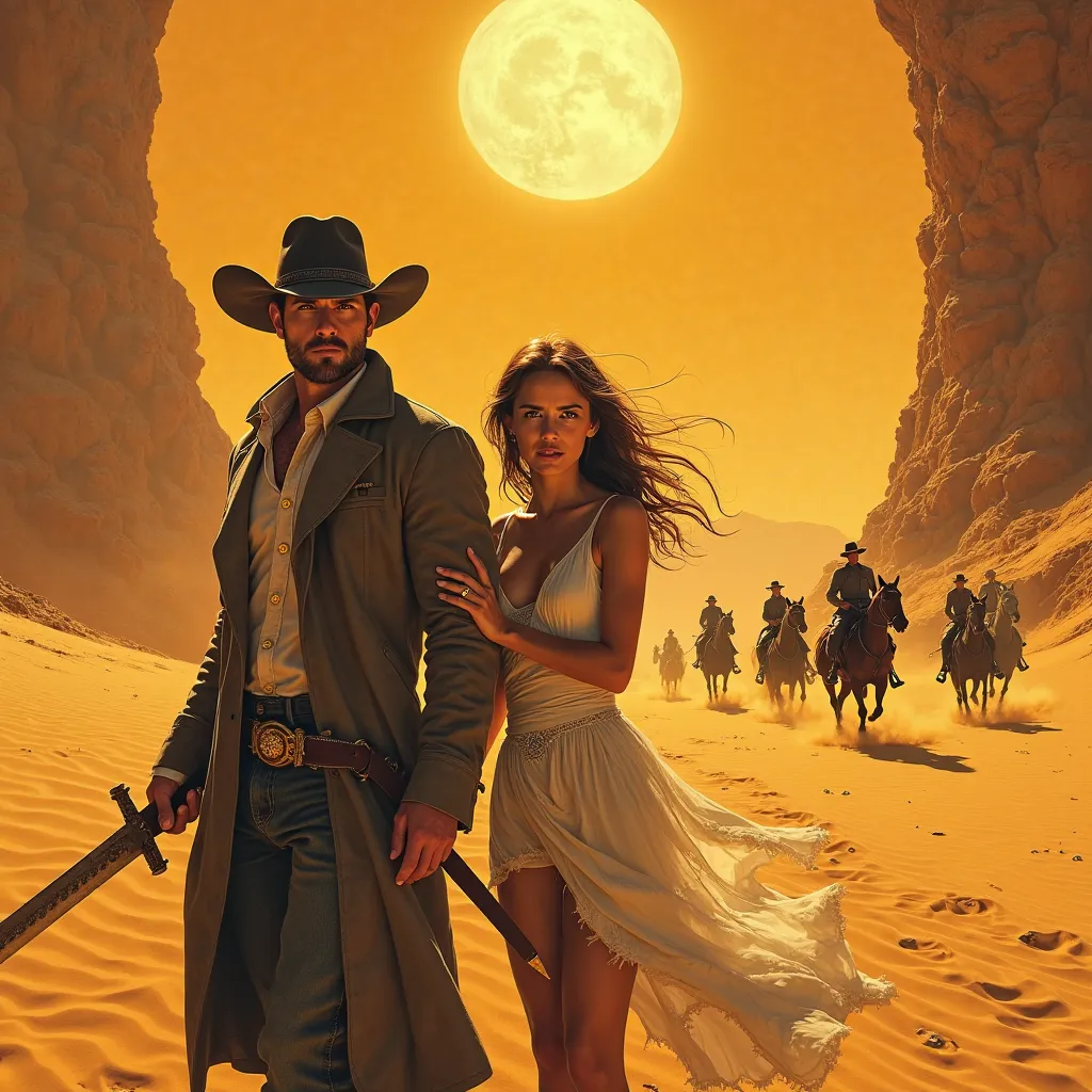 A striking desert landscape under a glowing golden-orange sun, with endless sand shimmering like waves. In the center, a tough cowboy stands boldly, dressed in a dusty coat, gripping a broken sword with a steady hand, his piercing eyes locked ahead. Next t...