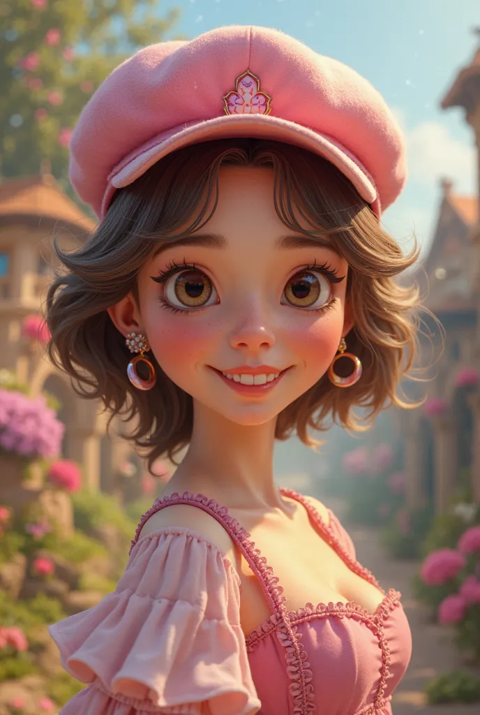 Disney-type woman with pink cap 