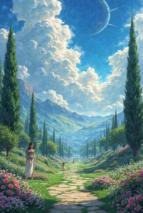 Create an image of the Elysian Fields in Greek garden style, similar to the one in lost canvas, with a beautiful sky with clouds where you can see a canvas painted on the clouds in Sain Seiya style