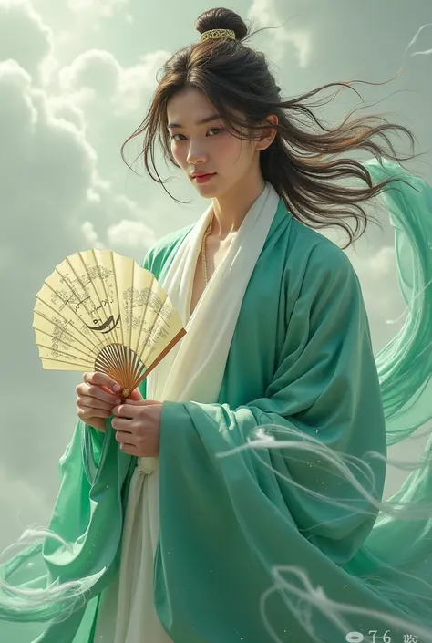 A man with very noticeable feminine features, with long, wavy brown hair, emerald and white Chinese clothing on a windy cloud with a smiling fan. 