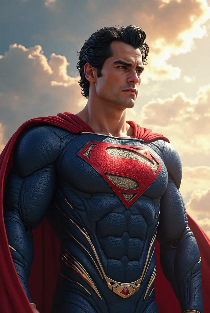 Primer plano de una obra A realistic Superman with black, curly hair, an athletic build, and a well-defined face. His suit is similar to the classic one but features a modern design with realistic textures. Instead of the 'S,' he has a stylized 'V' on his ...