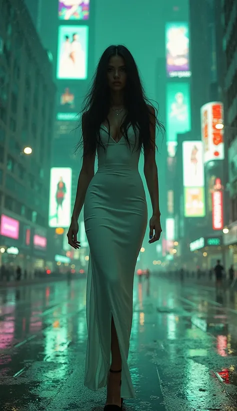 “A stunning, mysterious woman with long, flowing dark hair, wearing a sleek, form-fitting white dress, walking confidently through a cyberpunk-inspired cityscape. Her piercing gaze is both captivating and enigmatic, as neon lights in shades of green and bl...