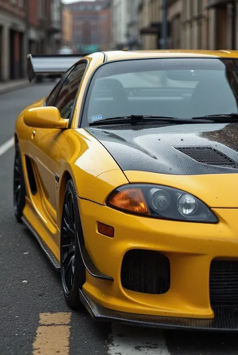 Yellow Opel tigra build 1998 with carbon hood and roof, black windows 