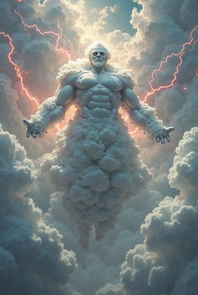 Humanoid muscular puffy cloud man flying in the air with red lightning shooting off of him surrounded by clouds