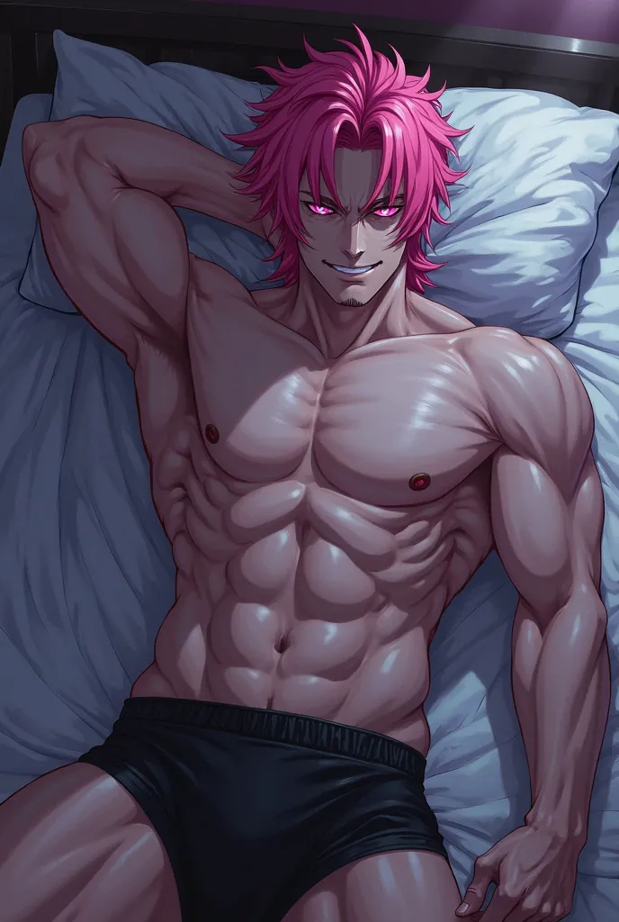 Anime. Man with very long pink hair, muscular with pink eyes . Bare chested and muscular with black boxers. And lying in bed with one hand behind his head with a wicked grin. Bed. Night