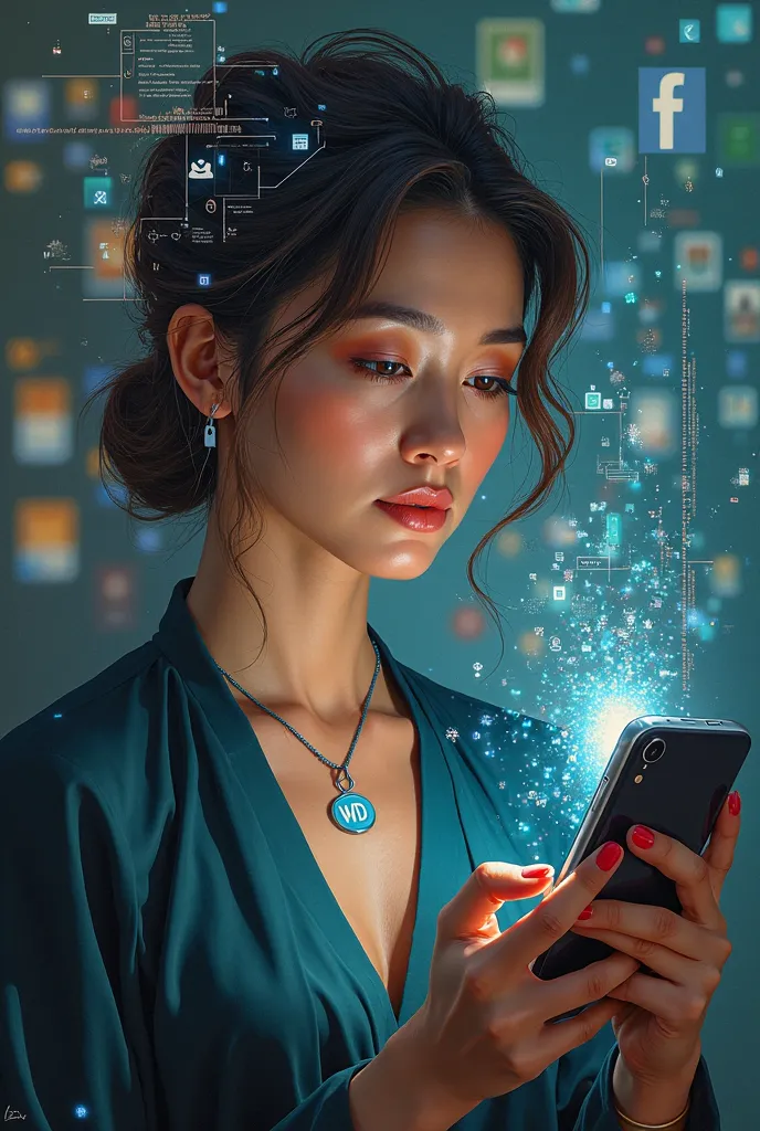 a beautiful woman, 40 years old, wearing a pendant with the letters' WD ', holding a smartphone receiving an enormous flow of information coming from social networks, Realistic,  portrait, digital art,  detailed, 4K, vivid colors, Studio lighting, depth of...