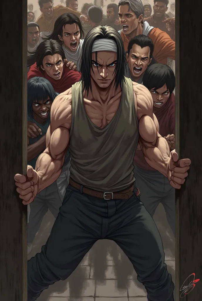 Male character with white headband, straight hair split in half holding the door and several characters forcing the door trying to enter