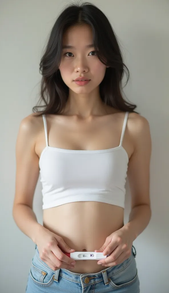 Thai girl,Age 24 years, White skin,นมใหญ่,thin,with a white singlet, pose with jeans,has a nervous face color,In her hand, she holds a pregnancy test and the test results show that she is pregnant.(Up 2 lines),In the photo, she is seen with her whole body,...