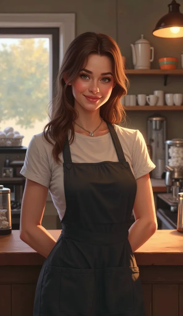 Andrea wearing a black apron with a small smile and in the back there is a blurry coffee shop. 