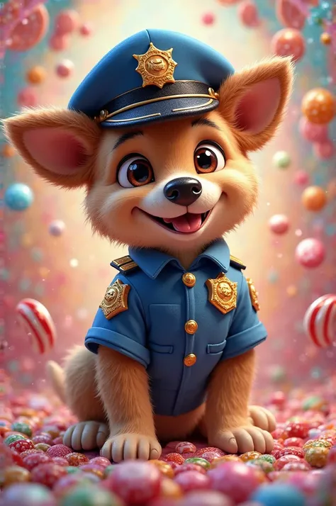 I want a picture of a dog wearing a police costume made with candy