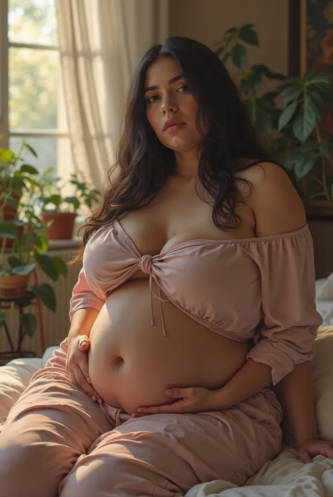 (photorealism:1.2), beautiful fat brunette bbw woman, sitting on bed, wearing loose off-shoulder top, pajama pants, long straight hair, indoors, soft lighting, plants in background, window with sunlight, cozy room, relaxed pose, realistic, intricate detail...