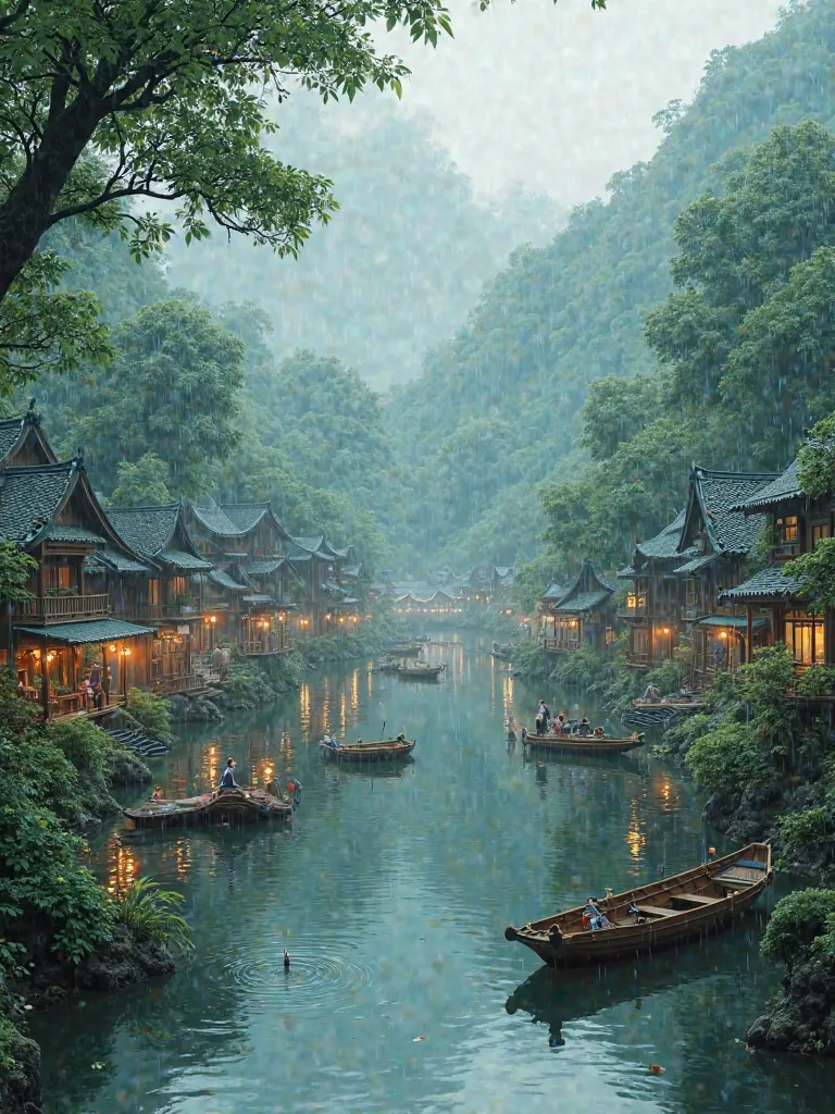 A rainy day in forest village with river and boats