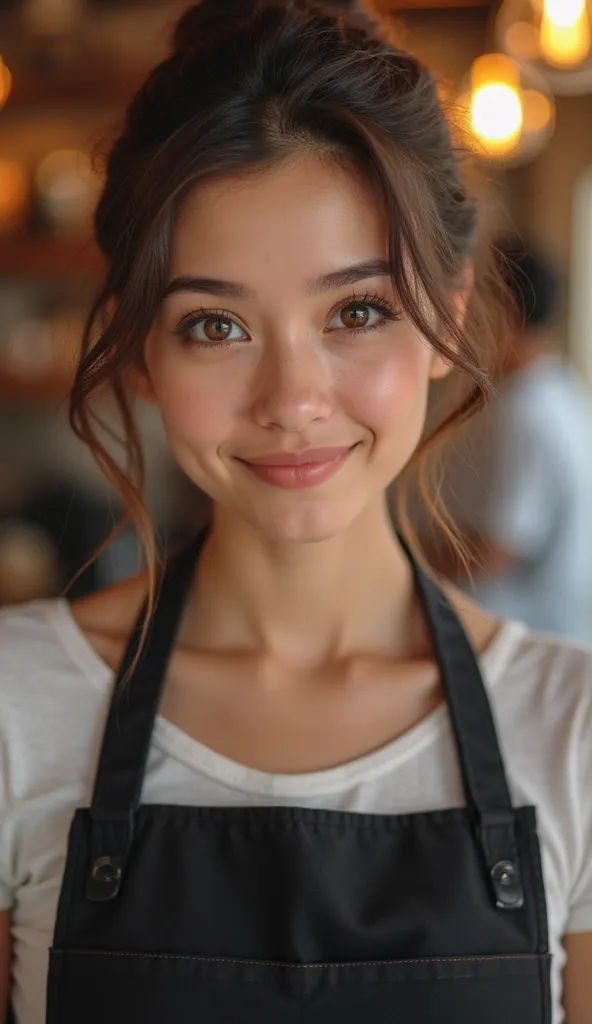 Two eyes of Andrea wearing a black apron with a small smile and in the back there is a blurry coffee shop. 