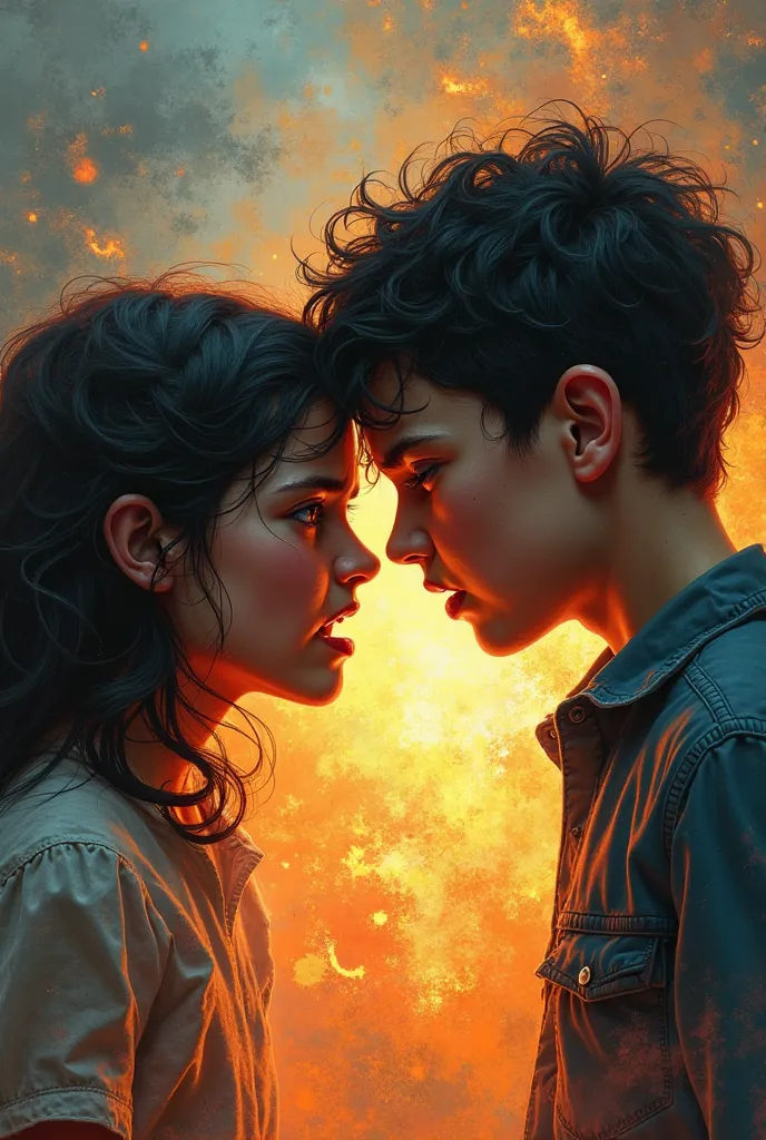 a pic of a girl and boy in fire angry and sad by each other.