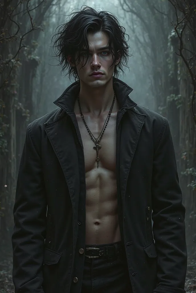 Gothic and sexy boy, high,  muscular, black hair, white skin, dark eyes