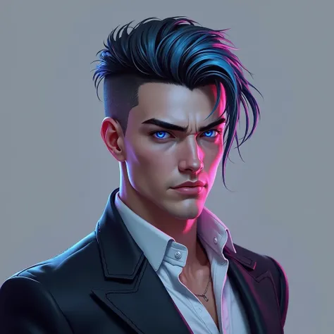 A highly detailed, futuristic male avatar with a cyberpunk aesthetic. He has sharp facial features, piercing blue eyes, and a confident yet mysterious expression. His hair is styled in a sleek, modern fashion with vibrant neon blue and pink highlights. He ...