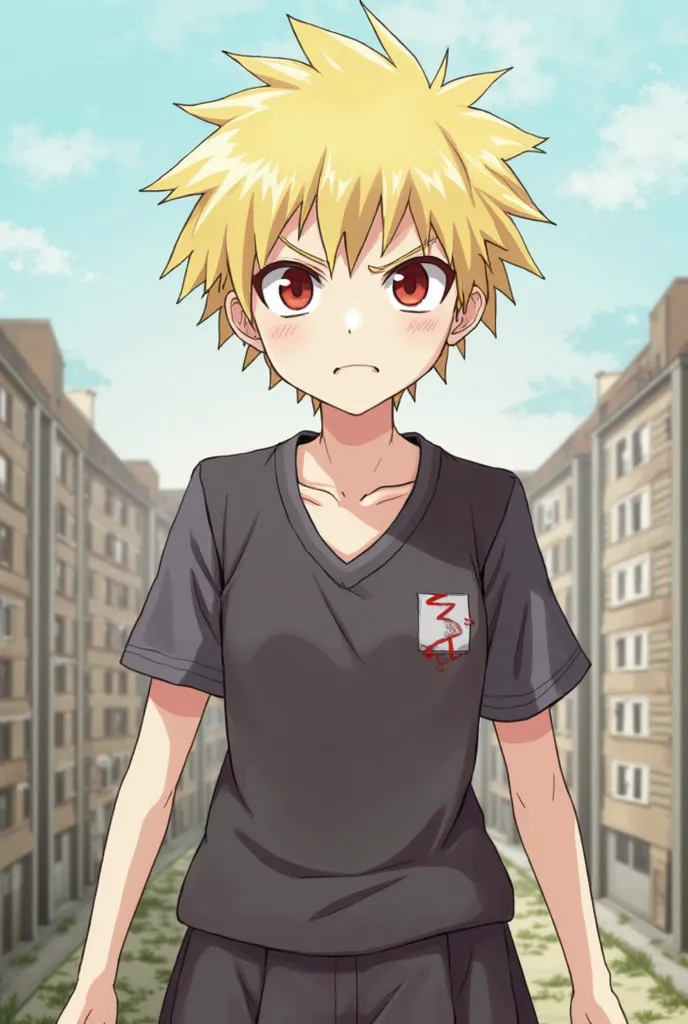 ((bakugo katsuki,red eyes, blonde hair, short hair,1boy, spiked hair, collarbone, , outdoors, angry, school uniform,)), arms at sides next to, ((anya_forger_spyxfamily:1.10, 1girl, , hairpods, looking at viewer,))
