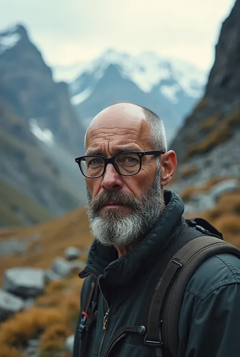  the face of a man ,  in the mountains , Bald man with beard and glasses