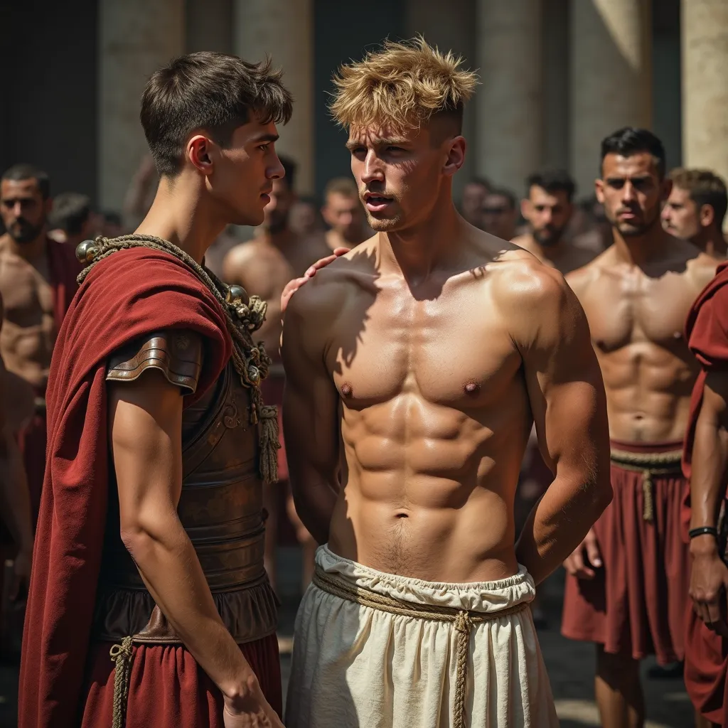 
Roman slave market, 18-year old male athletic body-shaved blond slave;extremly tight white loincloth, defined abs and pecs, arms behind back, disgusted, sweating;  touched by muscular handsome arrogant young soldier in uniform