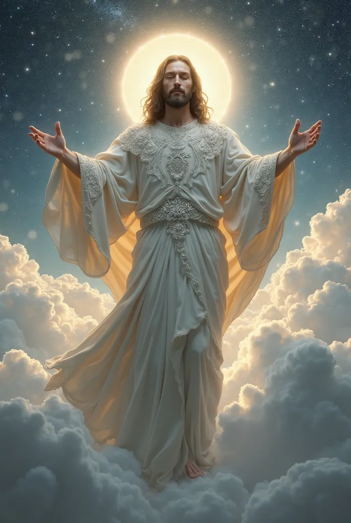 "A majestic figure similar to Jesus Christ, dressed in a white robe ornamented with silver patterns and embroidered details. He has long wavy hair and a well-groomed beard. The figure hangs above the clouds, with arms extended in a welcoming gesture. In th...