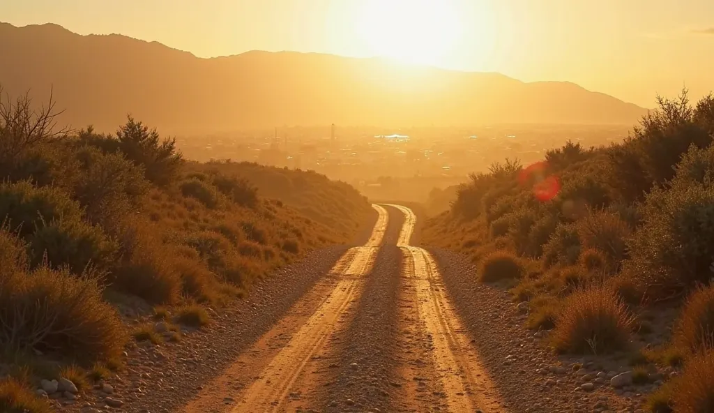 A dirt crossroads,  in the evening light . on one side, a path leads to a busy road towards the city.  on the other, a narrow and less traveled trail extends towards the distant mountains. The historical and cultural context of the biblical era enriches th...