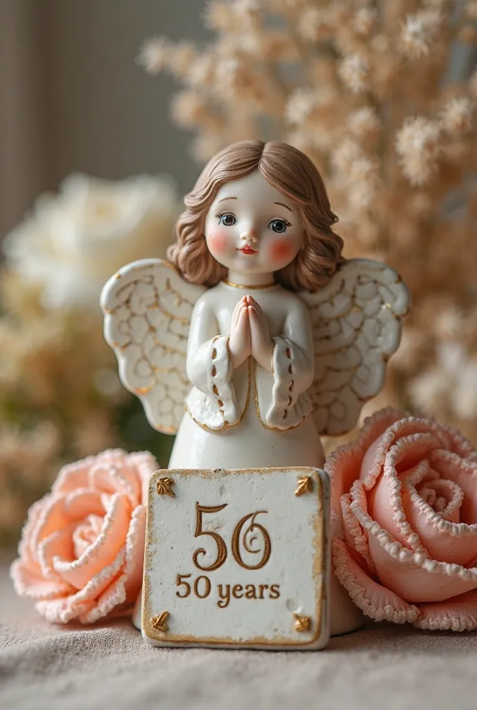 A souvenirbque serves as a symbol holder, has a ceramic angel, with crechet flowers, and a card that says " j & m, 50 years"