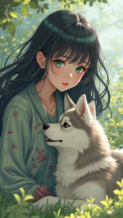 Anime woman with black hair and green eyes playing with her dog
 Husky Anime Style, 