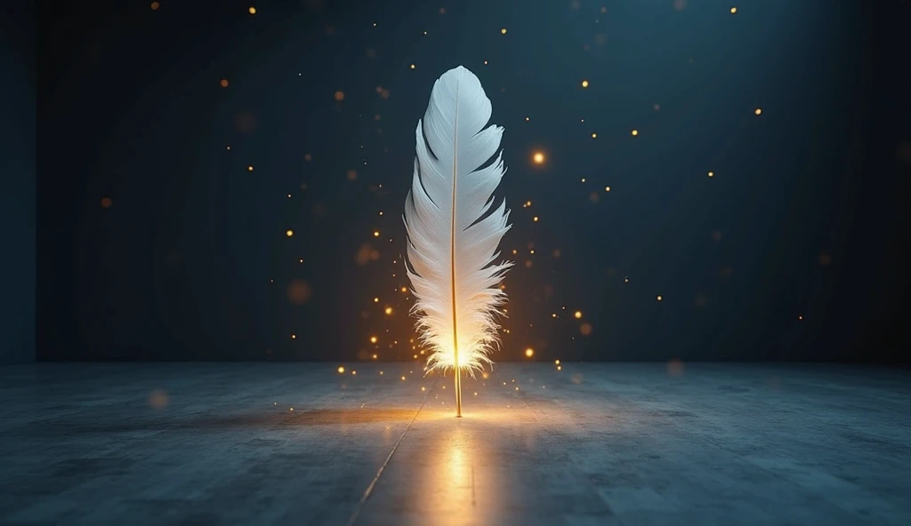 A white feather suspended in the air in the center of a minimalist room, illuminated by a golden glow that contrasts with the dark blue environment. Particles of light float around it as if the pen were being held by an invisible energy. The image evokes a...