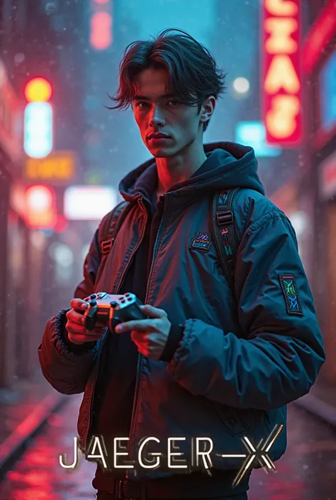 A young adult male stands confidently, clad in a futuristic cyberpunk outfit, grasping a sleek gaming controller in his hand, bathed in cinematic lighting with a shallow depth of field, evoking a sense of intimacy. The surroundings blur into a warm, vibran...