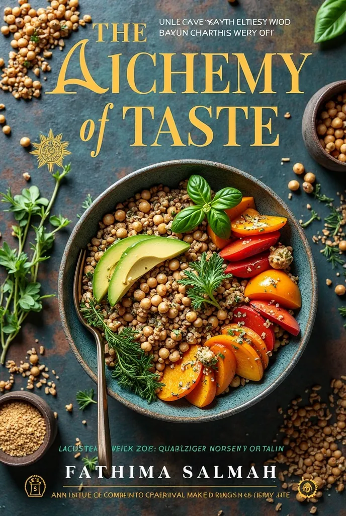 **Cover Design Concept for "The Alchemy of Taste"**

**Front Cover:**

1. **Background:** A vibrant, textured background resembling a rustic kitchen countertop, with subtle hints of fresh herbs (like basil, thyme, and rosemary) scattered around the edges. ...