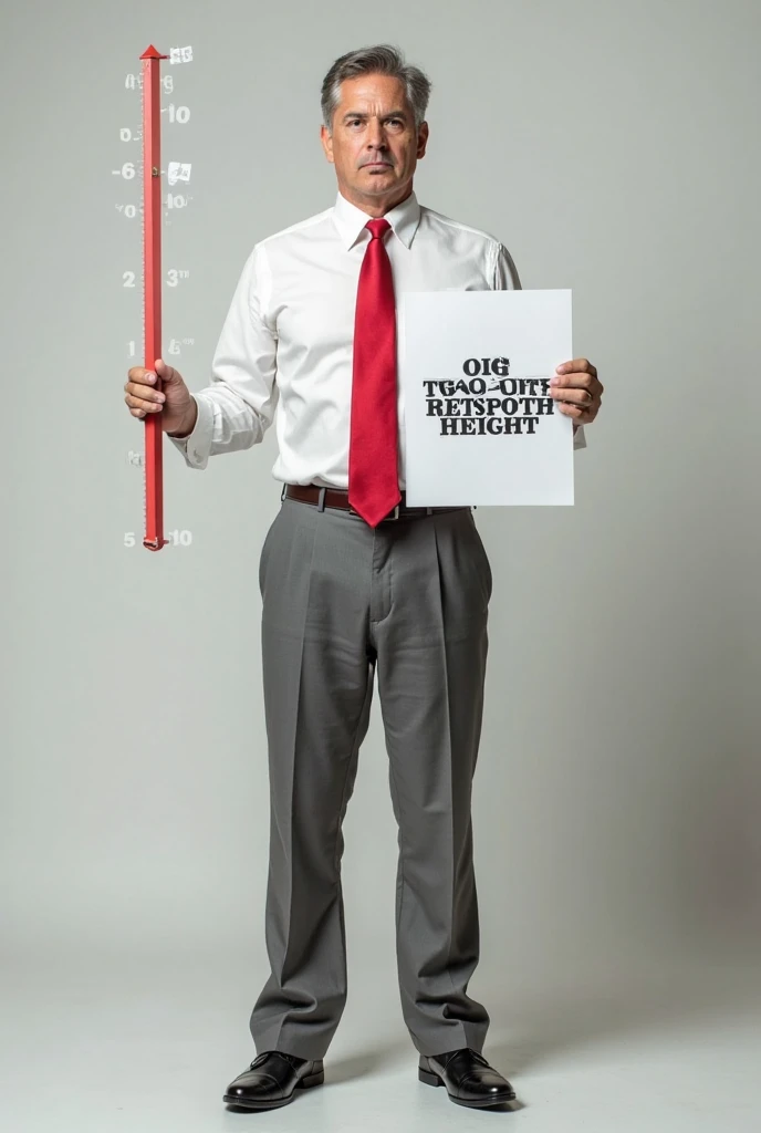 Realistic man in white shirt, gray pants, red tie and who has a striking sign that says total height with sign 