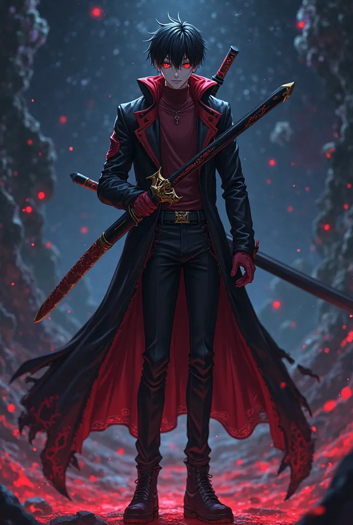 Man,
Short Pitch-Black Hair,
Red Eyes,
Black longcoat with red details,
Dark Red undershirt,
Black Pants and Shoes,

Wielding a Black Sword With Golden details.

Anime artstyle, stary night background