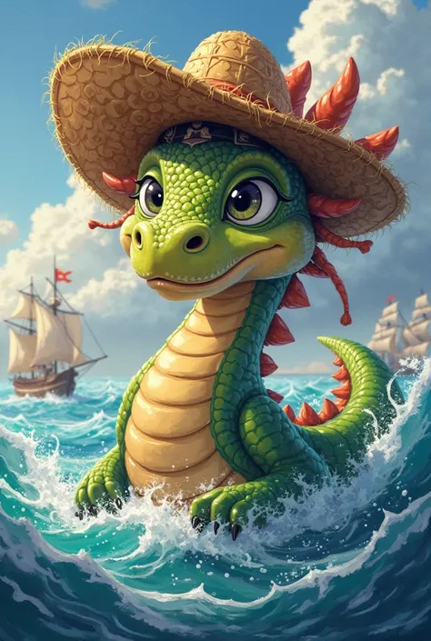 Dragon with straw hat and pirate dragon in cartoon style