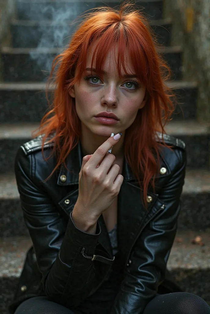 A beautiful red-haired girl in a leather jacket holds a cigarette in her hands while sitting on the stairs