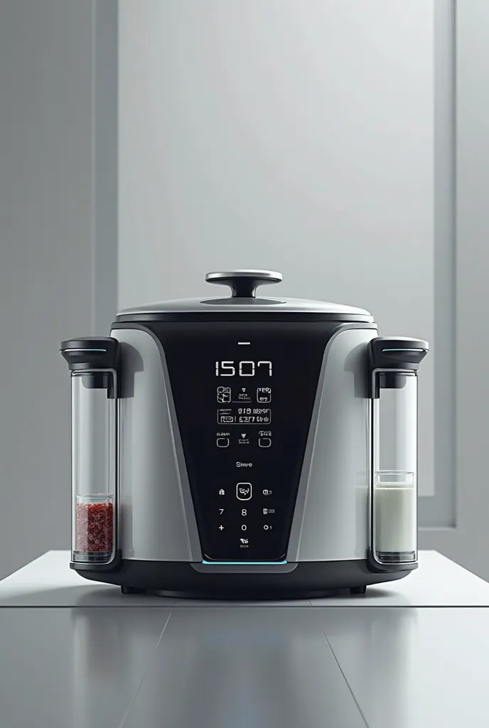 An electric pressure cooker with a screen in front, similar to the Philips HD 2151/62 model, with transparent long containers on the sides.