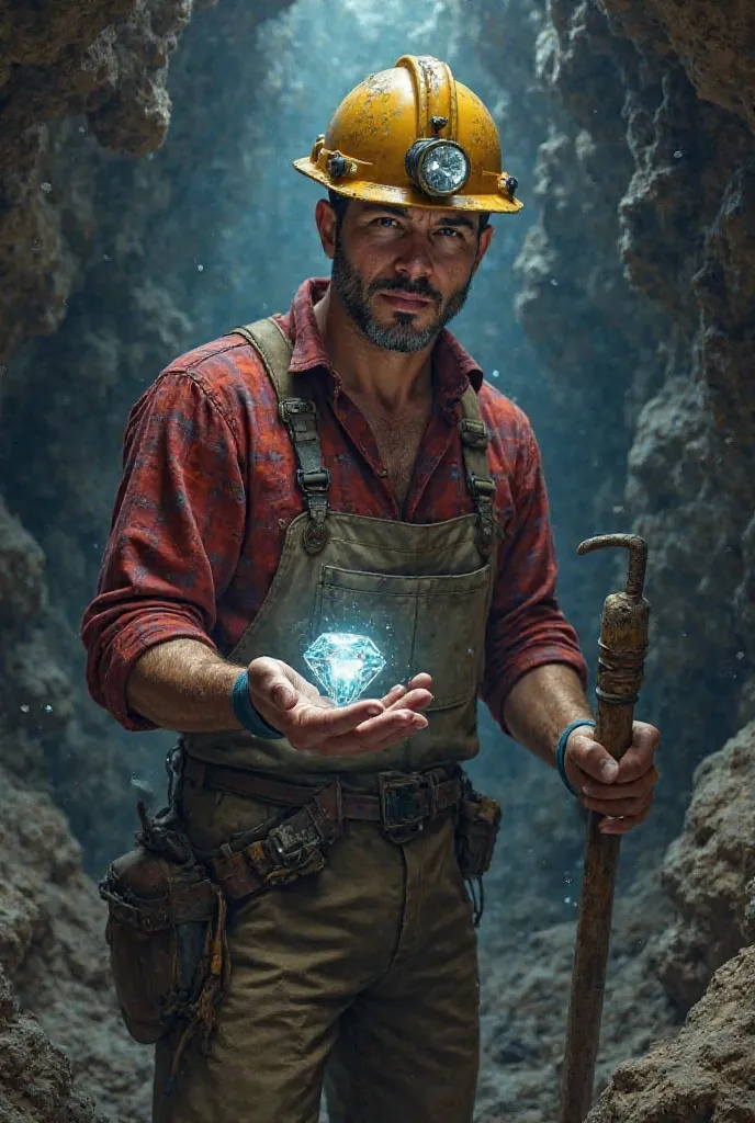 a miner dressed in a jumpsuit and a red checkered shirt, with a helmet with a flashlight and a pick that finds a large diamond in the depth of a dark mine