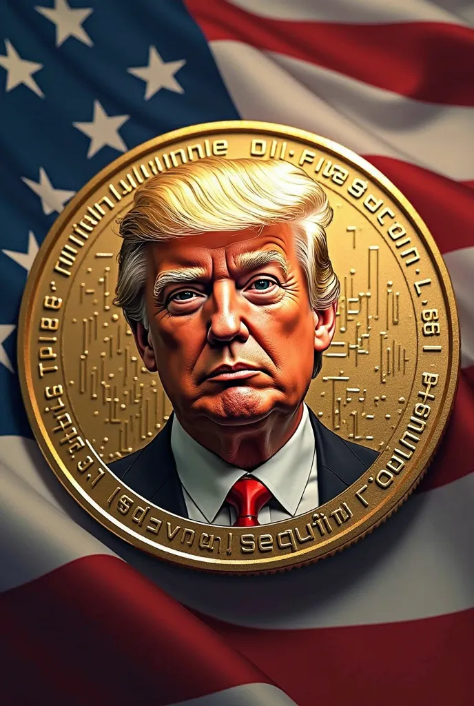 H
"A digital coin featuring Donald Trump's face in a bold, meme-style design. The coin has a golden finish with 'TrumpUSD' engraved on it in a modern font. The background features the American flag and futuristic blockchain patterns, symbolizing a US crypt...