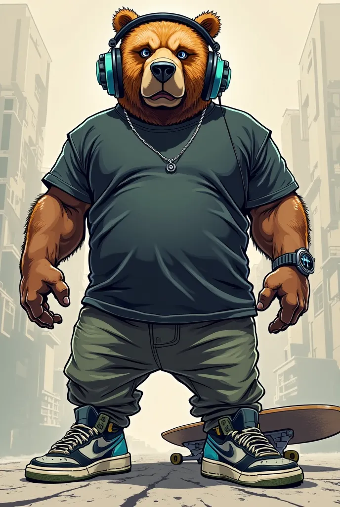 to draw a drawing of a bear, animal,  lean strong, clothes in dark tones ,  t-shirt, I want him rapper style, in front of the spectator, streetwear style clothing, he wears a gamer-style headset, this one in blue and black and green sneakers from Nike, wat...