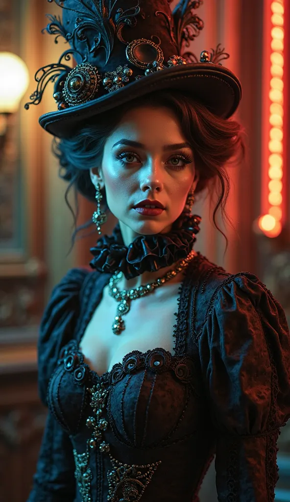 Hardcore steampunk. Goth punk. Circa 1880s. Casino cabaret. Grand cabaret. Creepy. Live shots. More interesting background. All colors coral, blue, brown. Photorealistic. Intricate details. Textured surfaces. 8k photo. Embossed. UHD. Masterpiece.