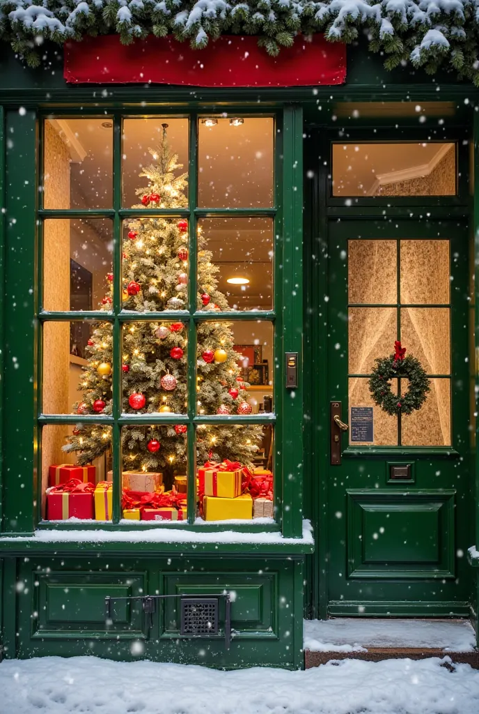 The image is a festive, holiday photograph featuring a cozy storefront with a green window and door. The window is divided into several panels, each showing a beautifully decorated Christmas tree adorned with colorful ornaments, ribbons, and twinkling ligh...