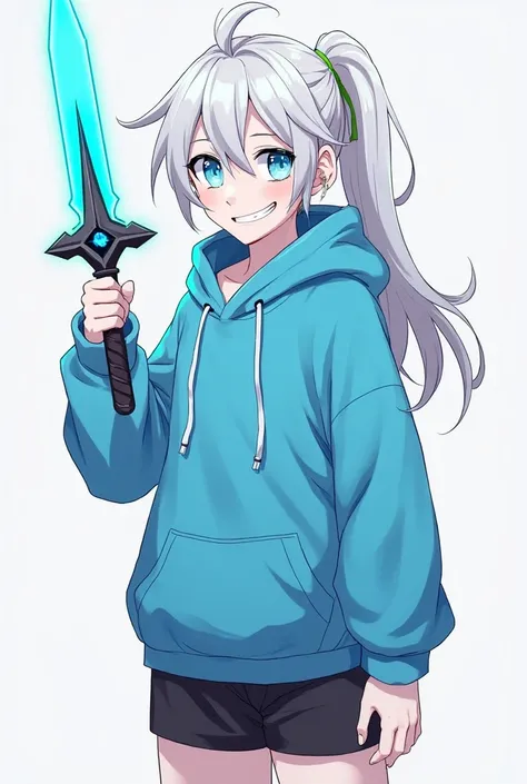 Anime and cartoonish mixed style drawing of a tall, genderless biological male humanoid being with long white hair tied to a ponytail, diamond blue eyes, pearly white skin, and a bright blue hoodie with black shorts. He has a cocky, prideful yet goofy grin...