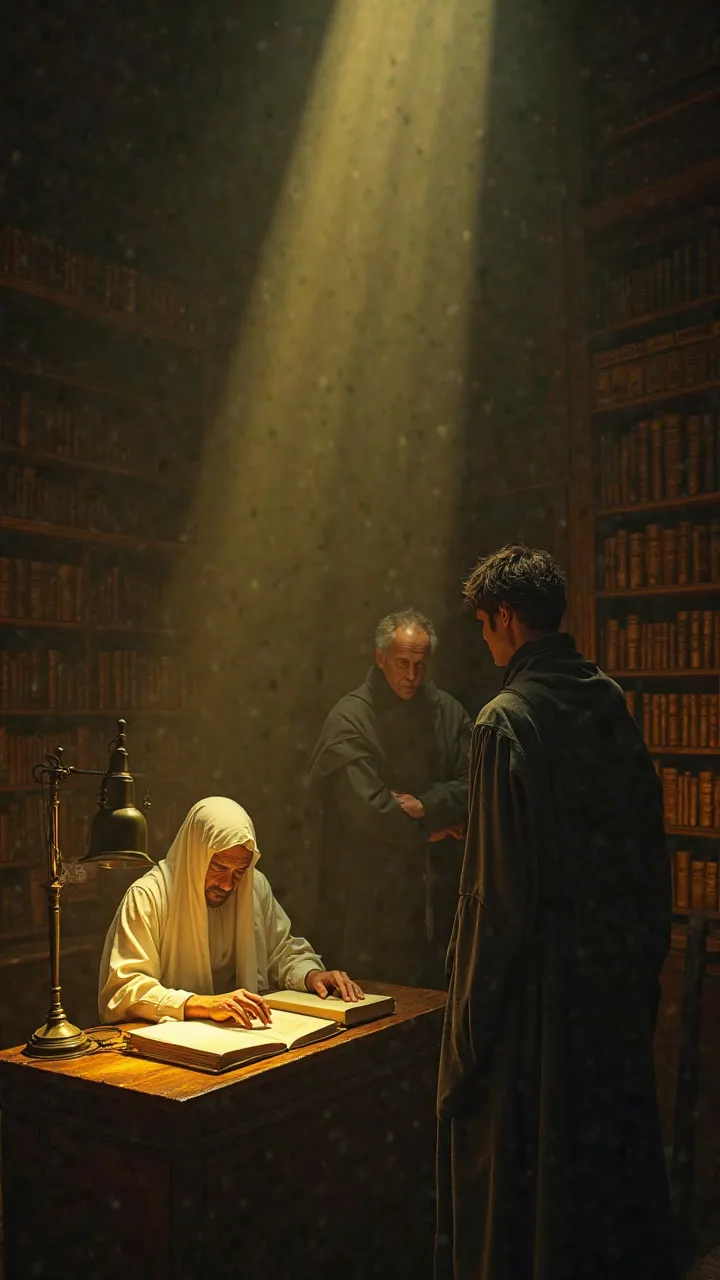 For creating a realistic image with professional and cinematic lighting, using yellow light to add depth and volume to the scene:

In an old, dusty, and dark library with tall wooden shelves filled with ancient books, three individuals are present.
First p...