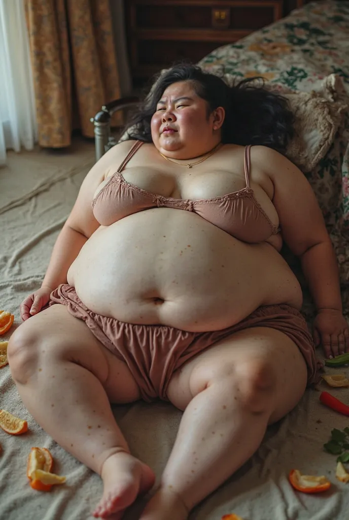 Morbidly obese young asian girl, camera zoomed out, lying on back, weak and helpless,  skirt and bra, fat climbing over top of too small bra, bloated, moaning in pain, stretch marks, huge weight gain, food all over floor, burping, clothed, side angle, lick...