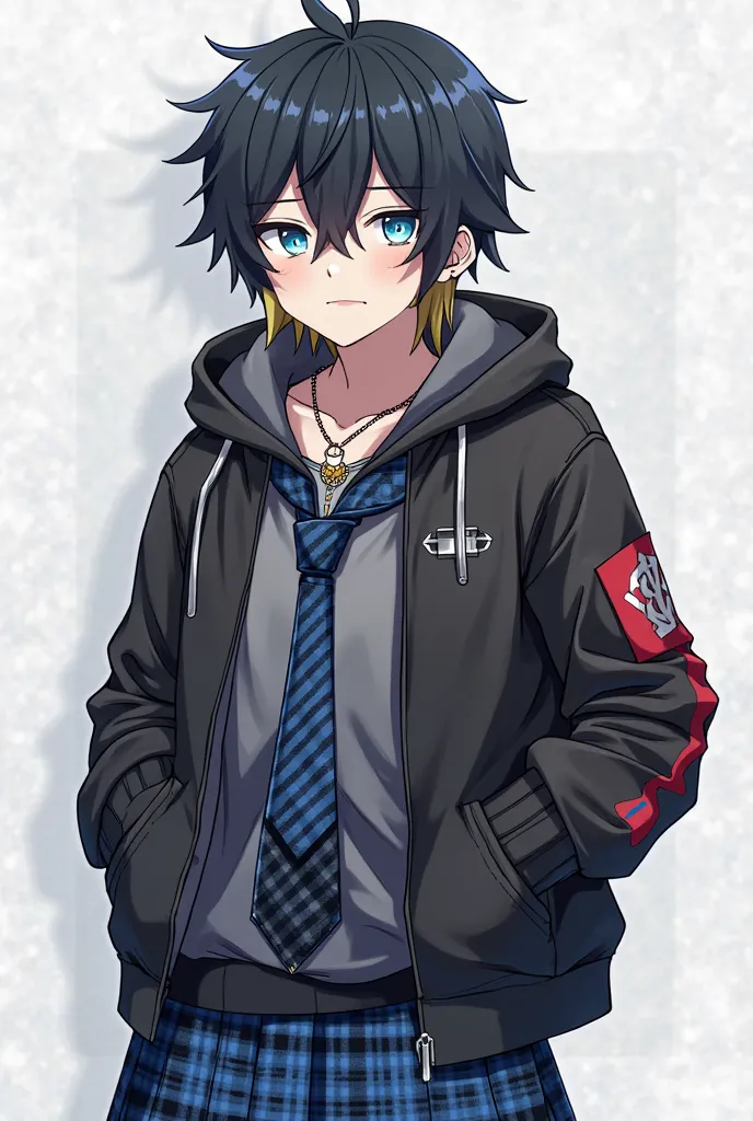 You can create an anime character with black hair with blonde highlights,light blue rings,black hoodie,blue tie with grated black,blue skirt with squares,chain necklace and a t-shirt with black, gray and red ,also black and gray arm warmers ,and that is a ...