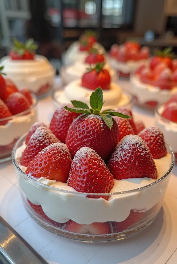 Strawberries with cream in a clear glass to sell