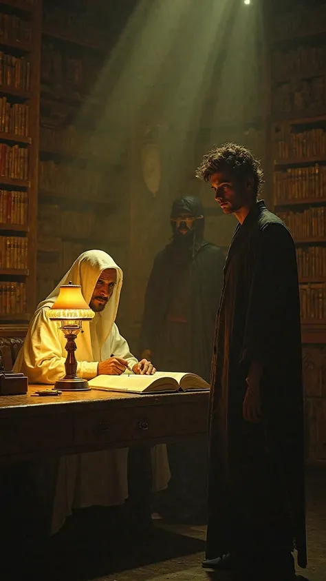 For creating a realistic image with professional and cinematic lighting, using yellow light to add depth and volume to the scene:

In an old, dusty, and dark library with tall wooden shelves filled with ancient books, three individuals are present.
First p...