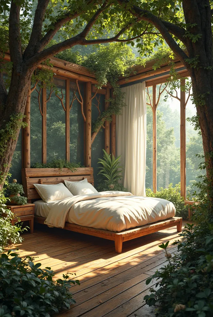 Make a room with a large bed in the forest